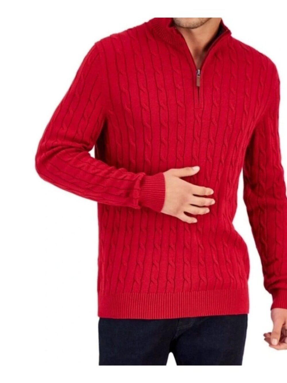 Club Room Men XXL Red 100% Pima Cotton Cable Knit Half Zip Pullover Sweater